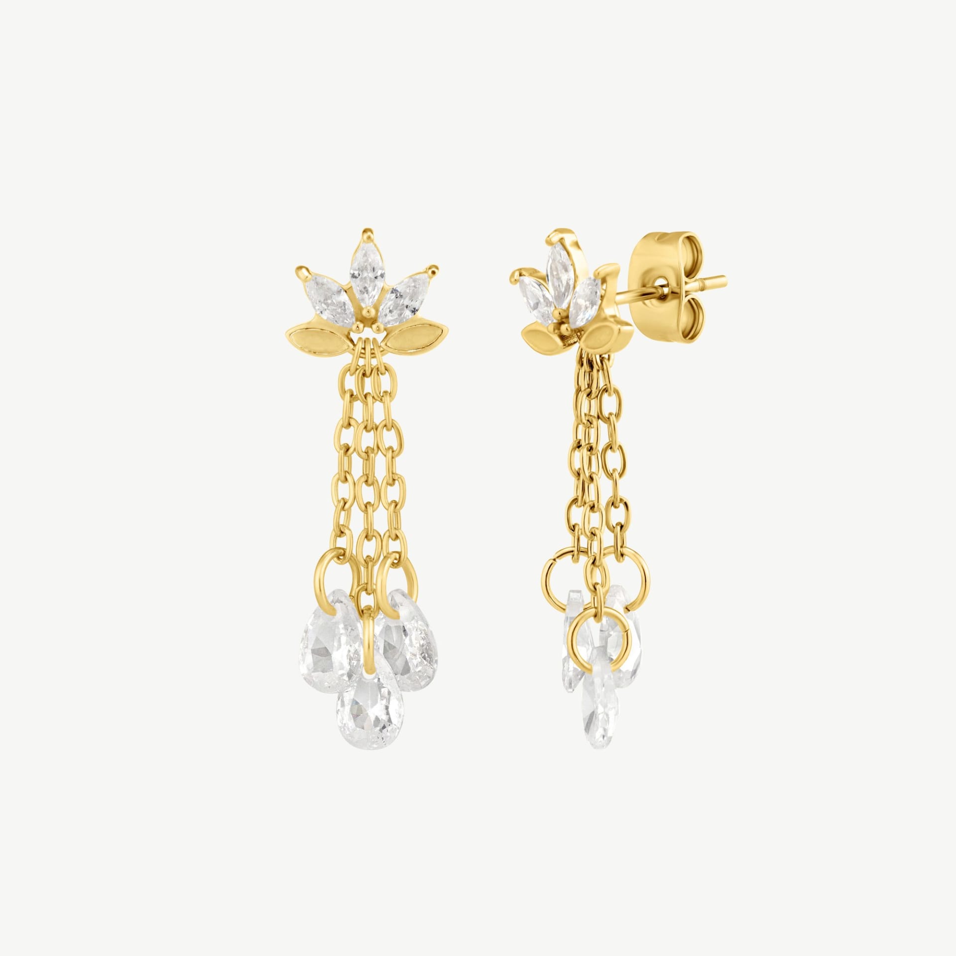 Gold lotus earrings with clear stone drops, showing the chains, settings and post fastening