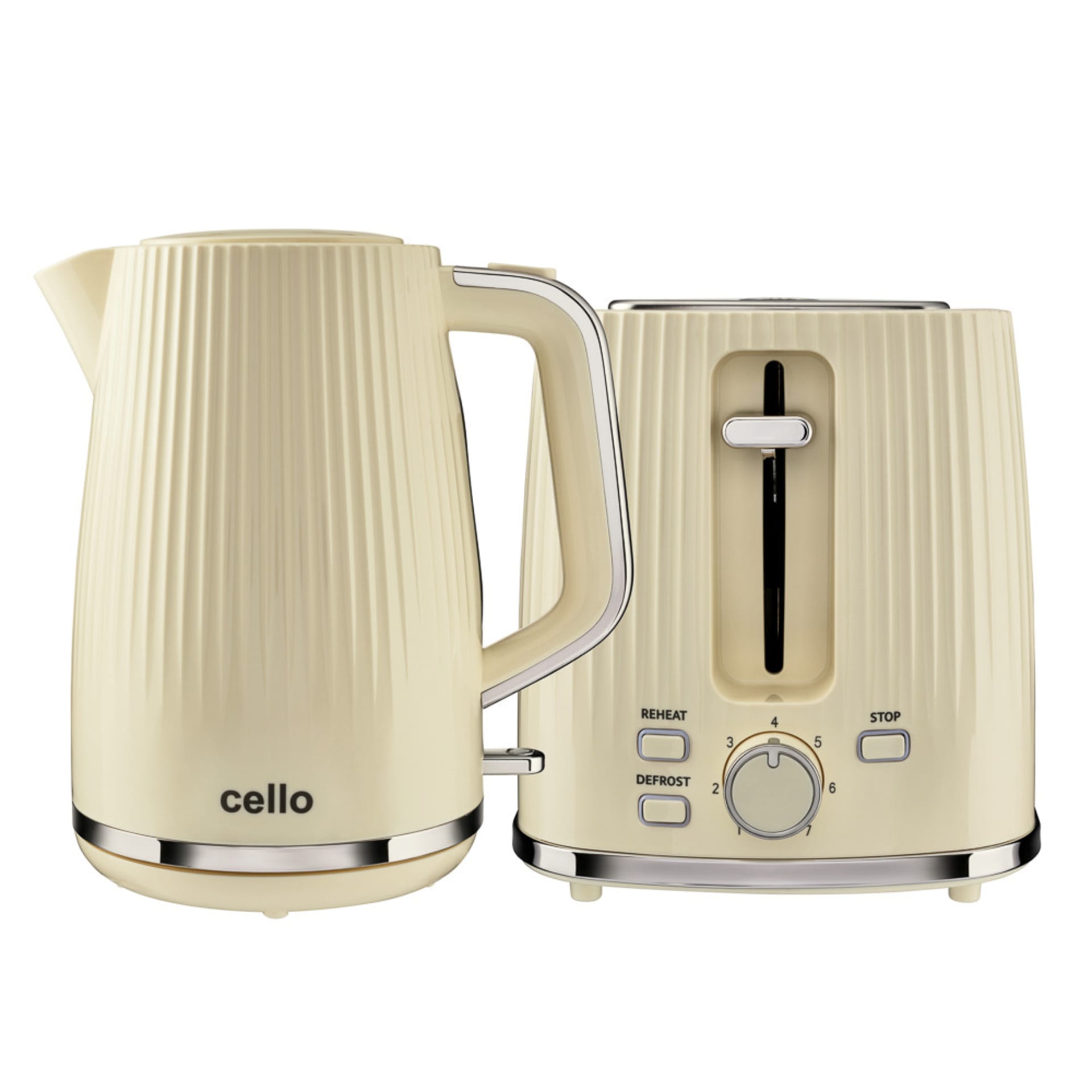 Cream Cello kettle and matching two-slot toaster photographed together against white