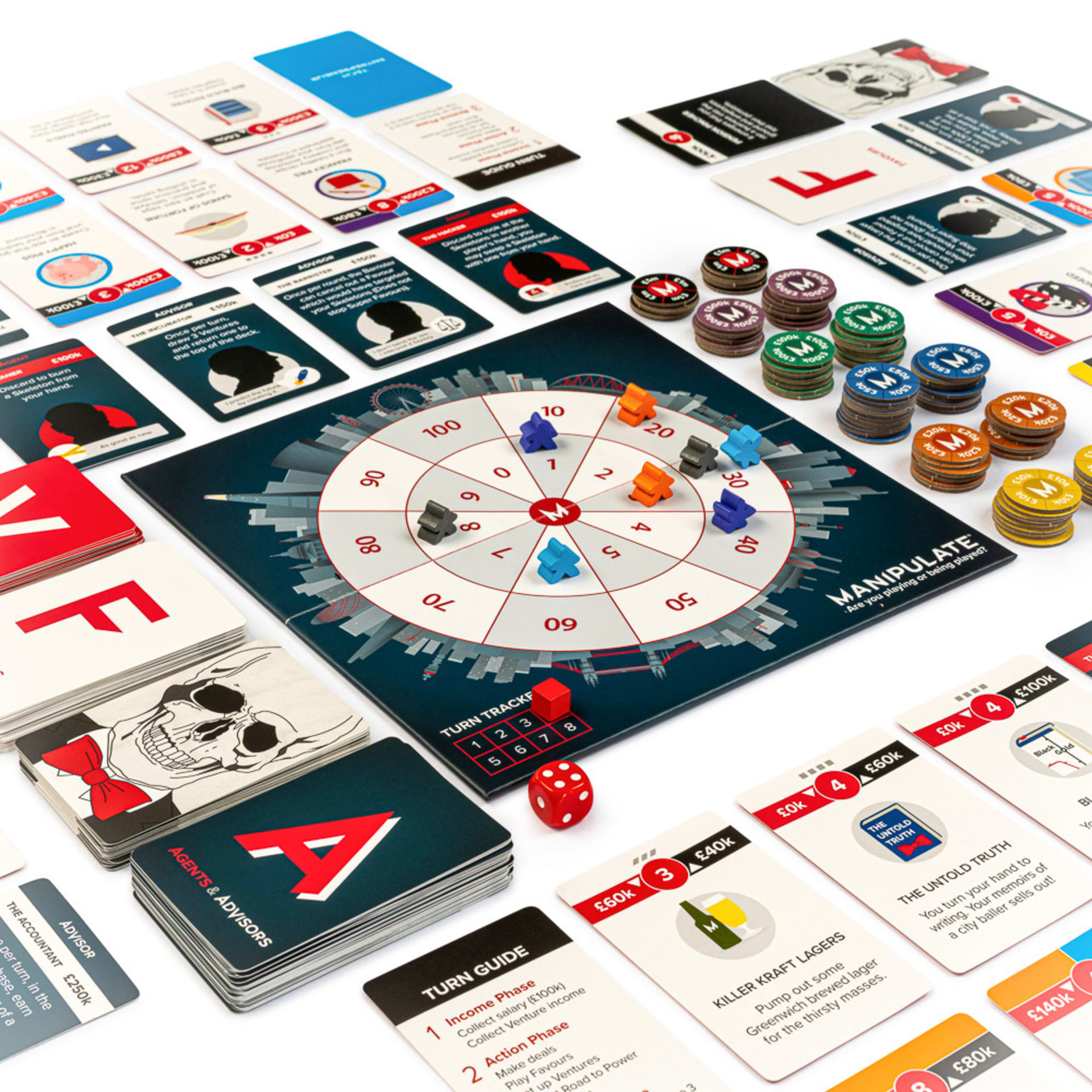 MANIPULATE game board, cards, tokens and dice arranged on white and photographed from an elevated angle