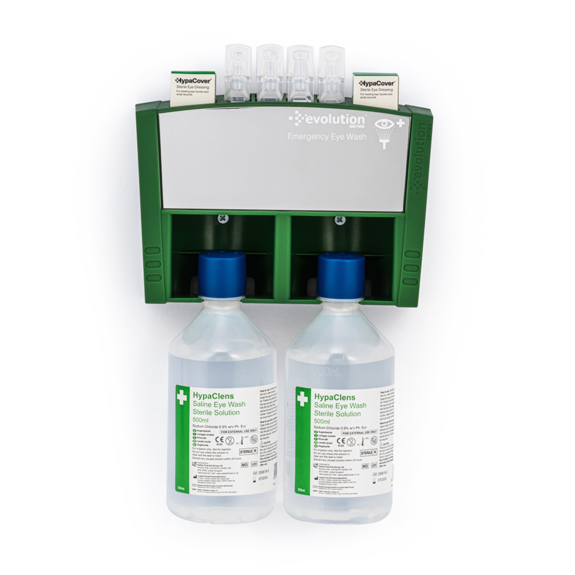 Eye wash station pack shot on white background