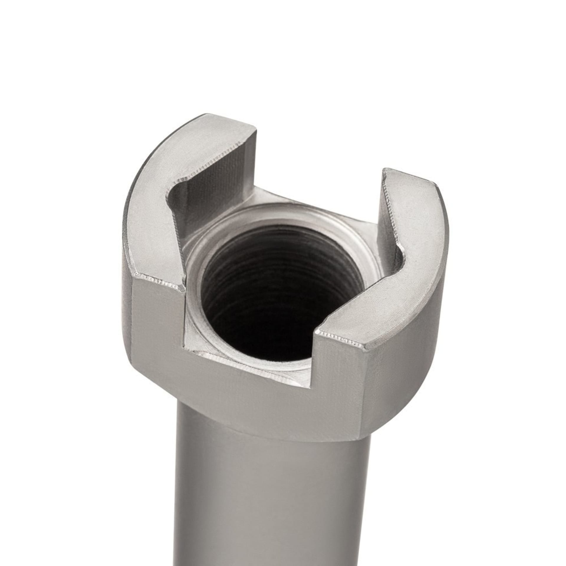 Stainless steel coupling nut detail packshot on white - hardware product photography UK