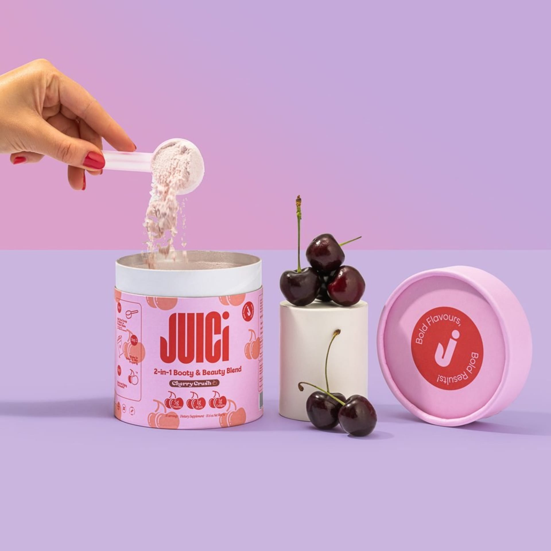 Cherry supplement powder lifestyle pink and purple - product photography UK