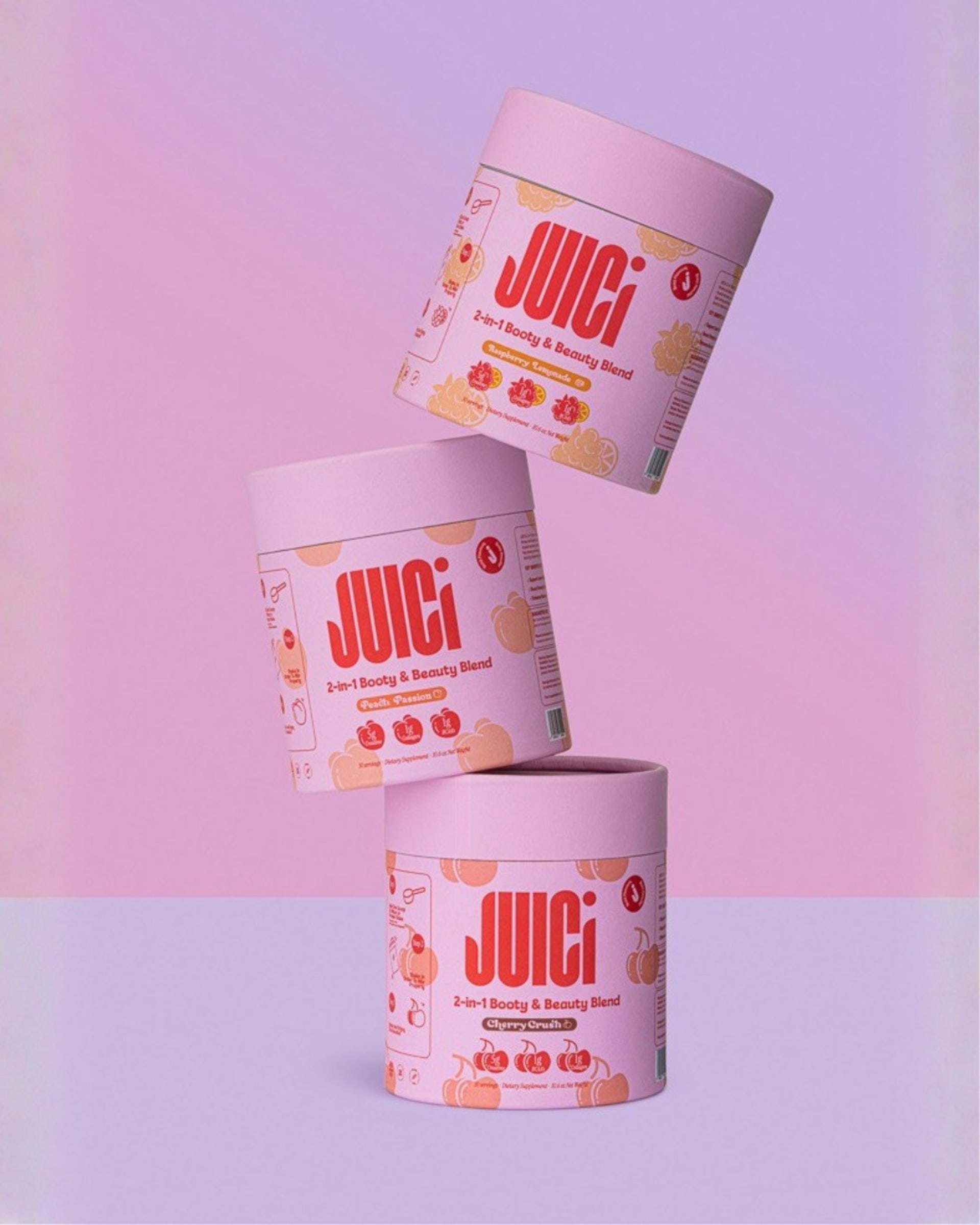 Pink supplement tubs stacked beauty blend lifestyle - product photography UK