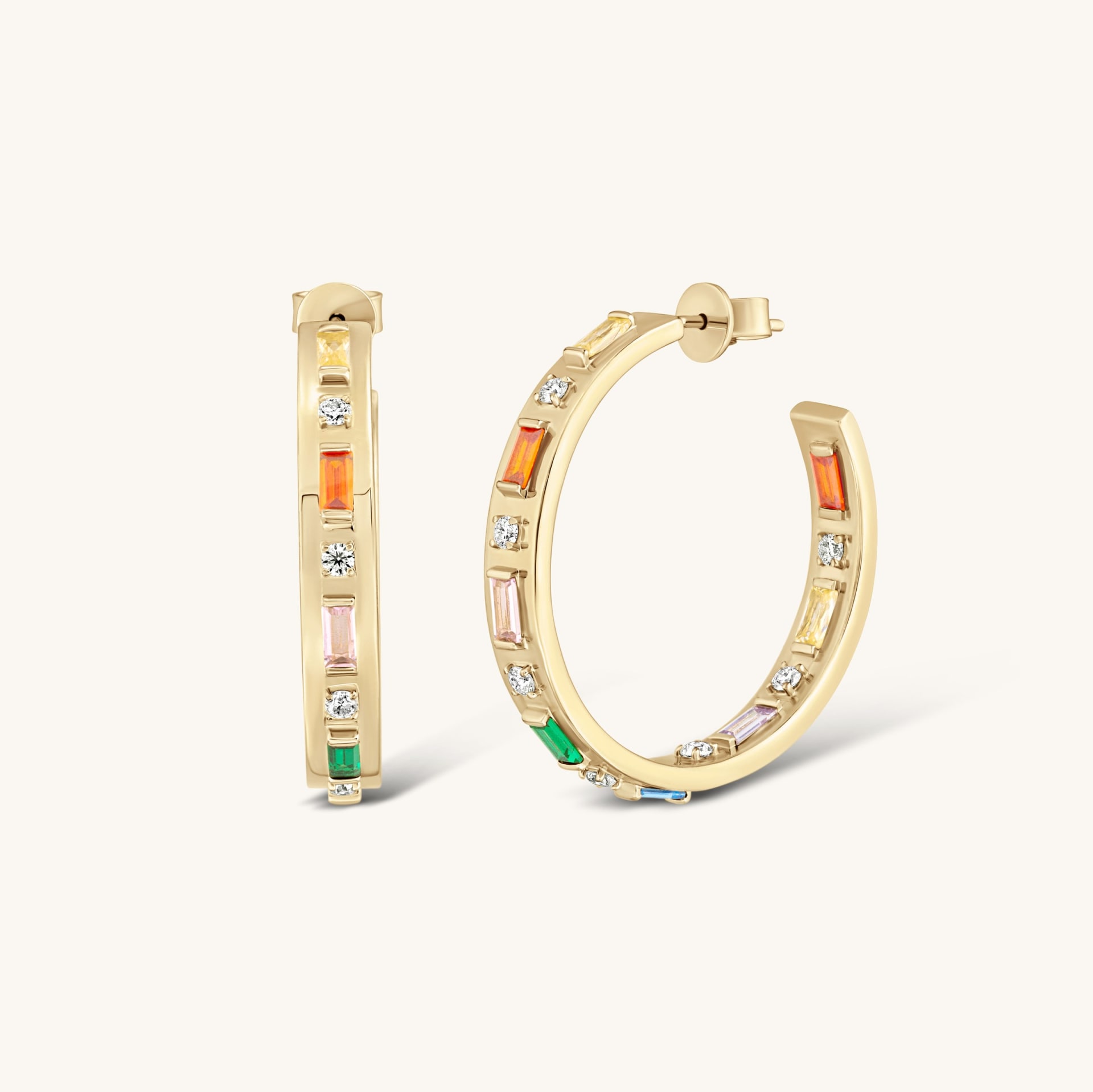 Gold hoop earrings with multicoloured gemstones - colourful earring photography UK