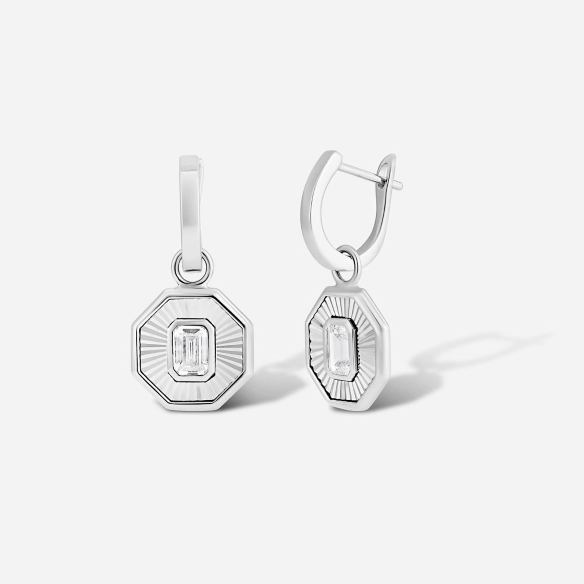 Silver octagonal drop earrings with diamond settings - Art Deco earring photography UK