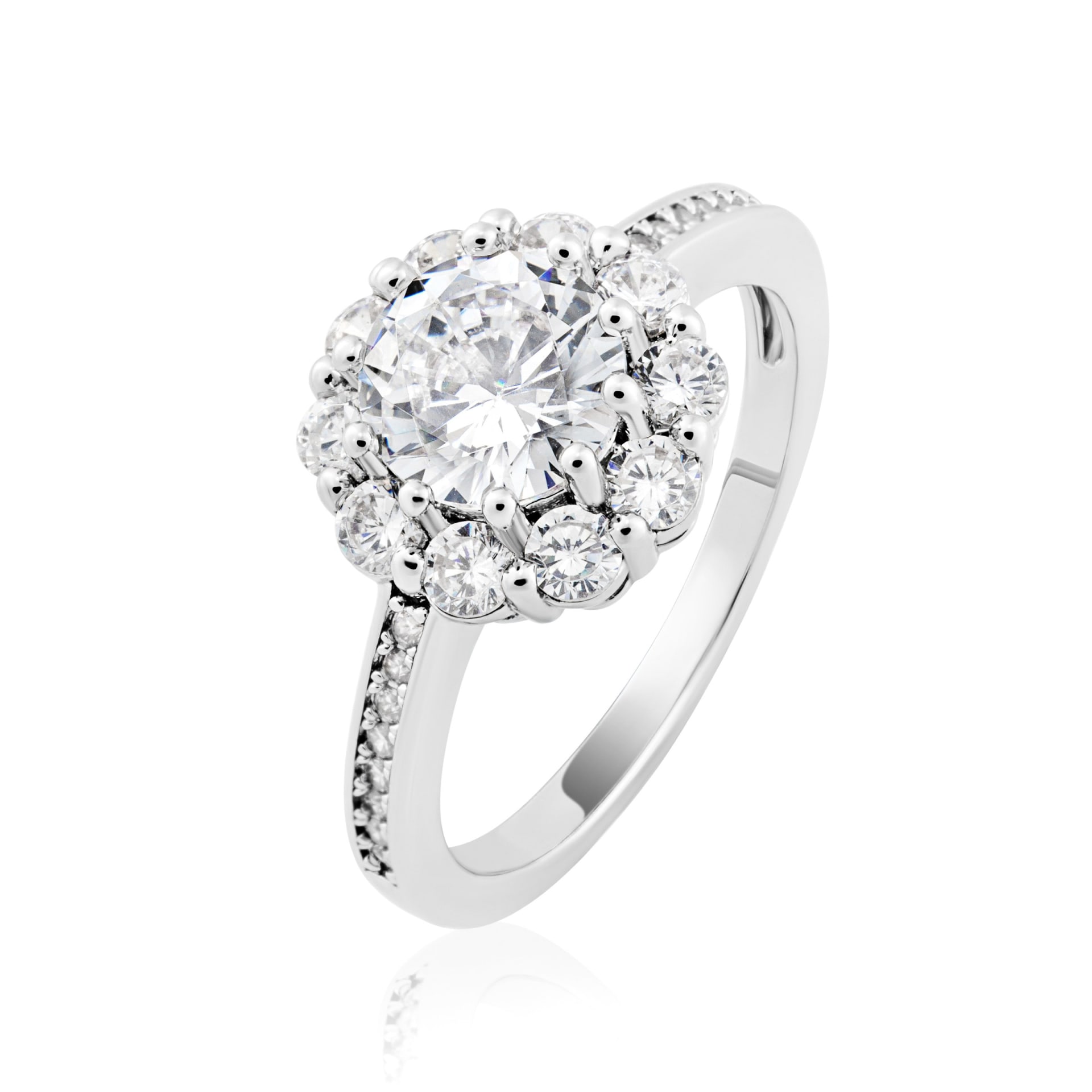 Diamond halo engagement ring in white gold - professional jewellery packshot photography UK
