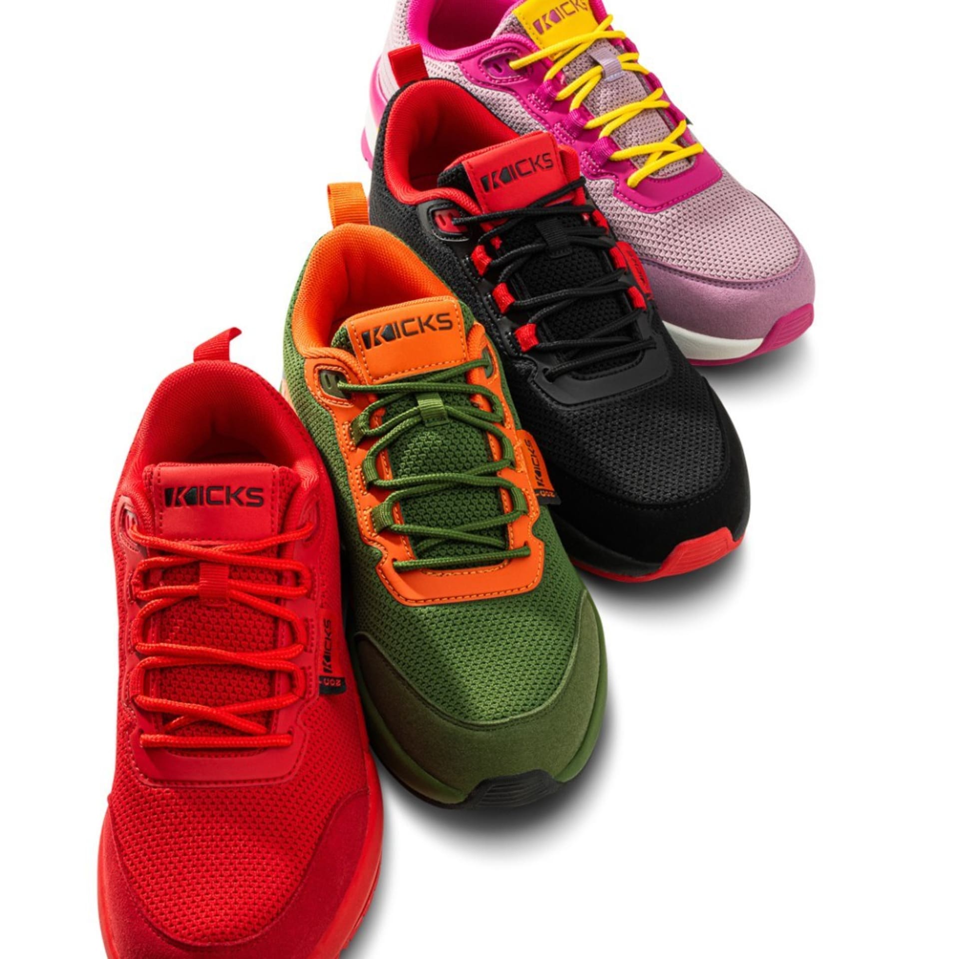 Colourful trainers sneakers diagonal packshot on white background - footwear product photography UK