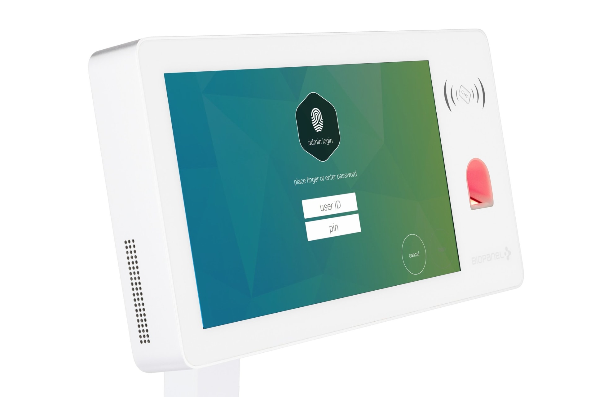 Biometric fingerprint scanner terminal with touchscreen packshot - technology photography UK