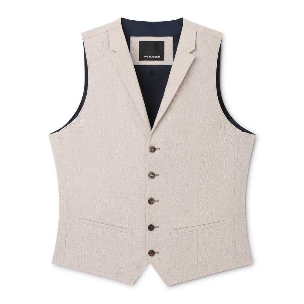 Beige linen waistcoat photographed on white with its navy lining visible