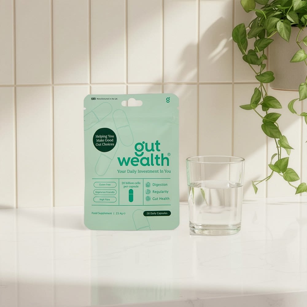 Gut health supplement pouch lifestyle mint green - product photography UK