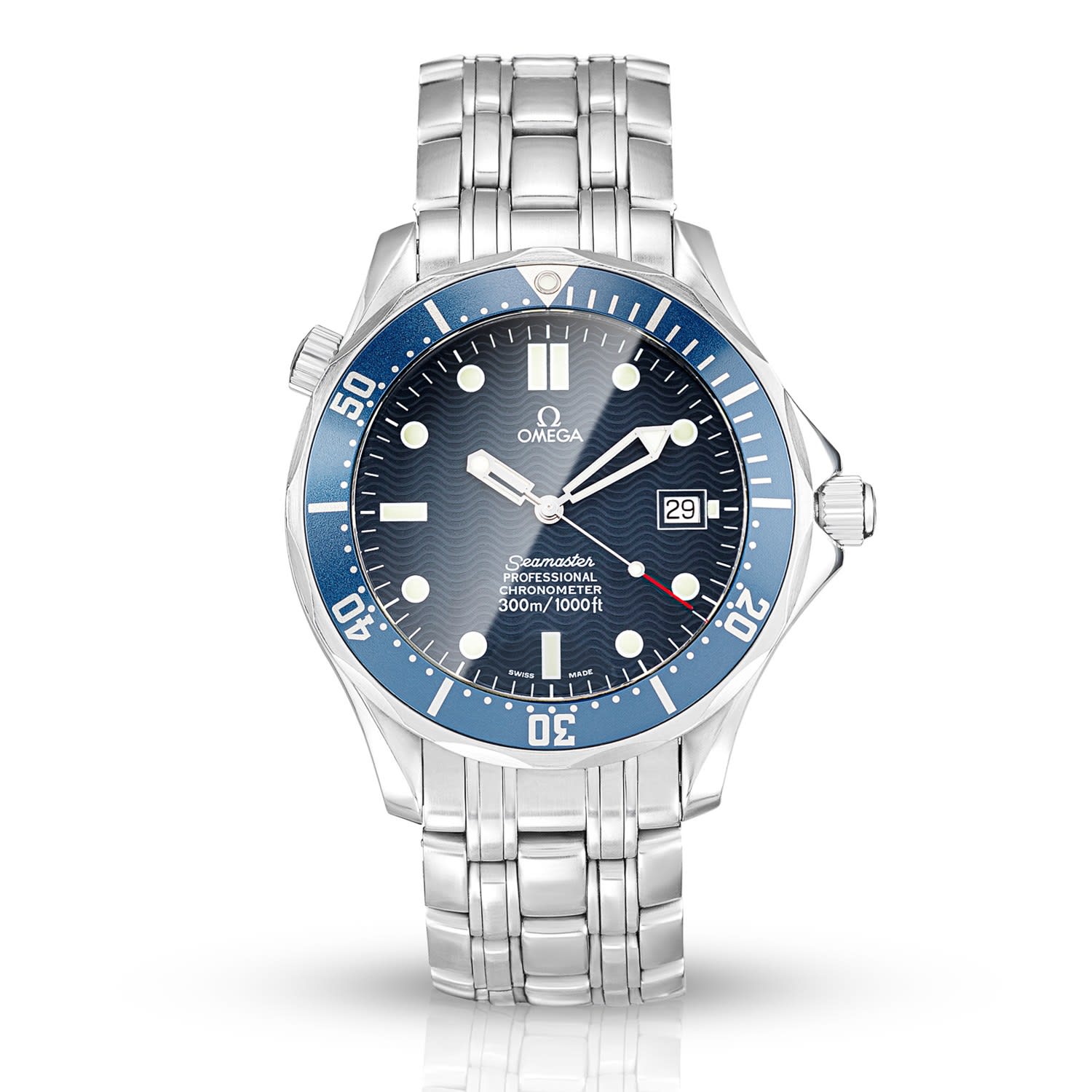 Omega Seamaster blue dial steel bracelet packshot - watch product photography UK
