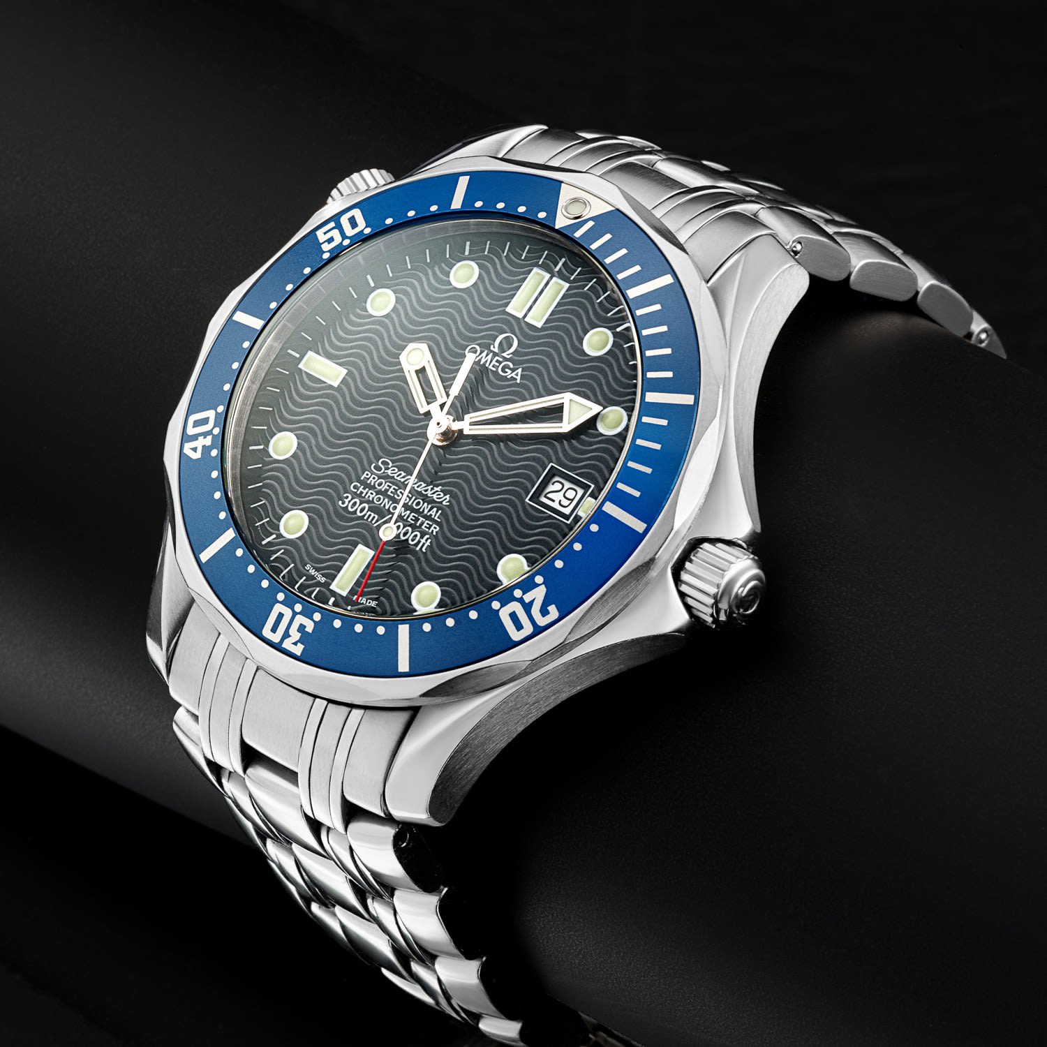 Omega Seamaster luxury watch blue bezel studio detail - watch product photography UK