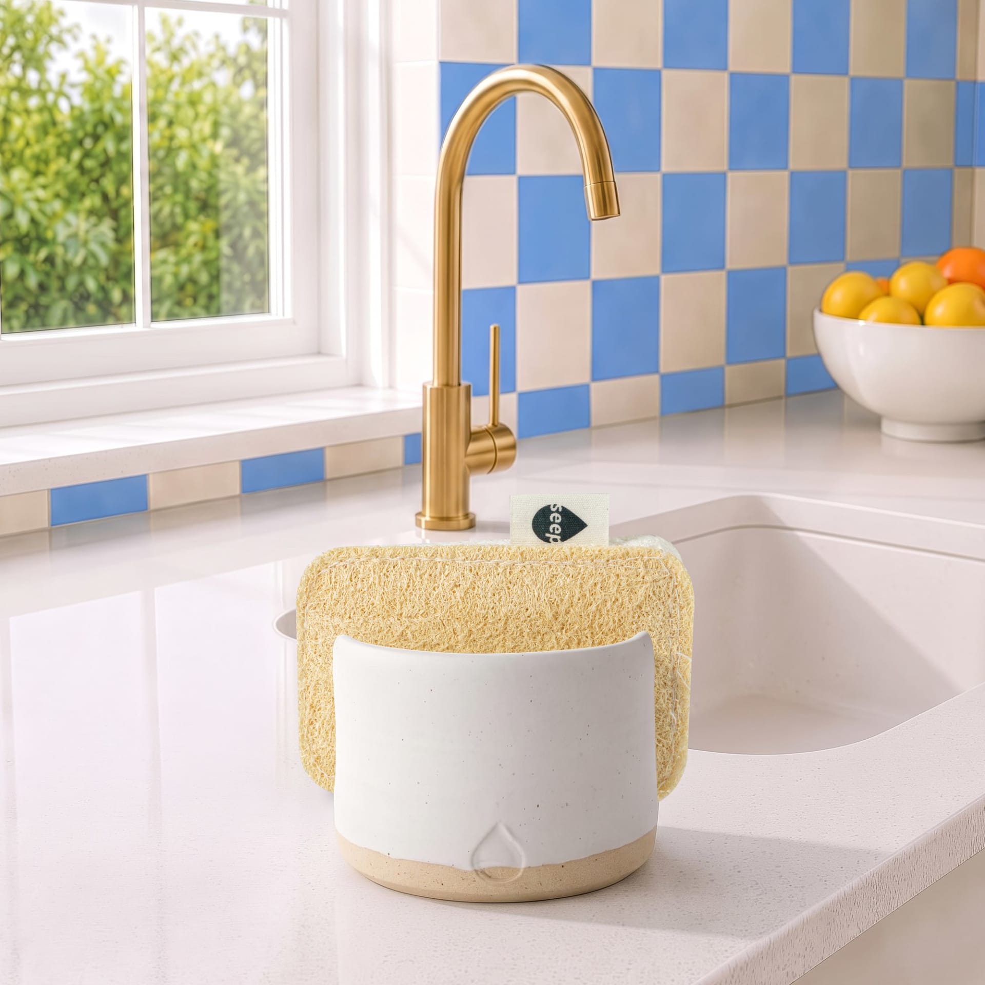 Seep sponge and ceramic holder beside a kitchen sink with blue tiles and a gold tap