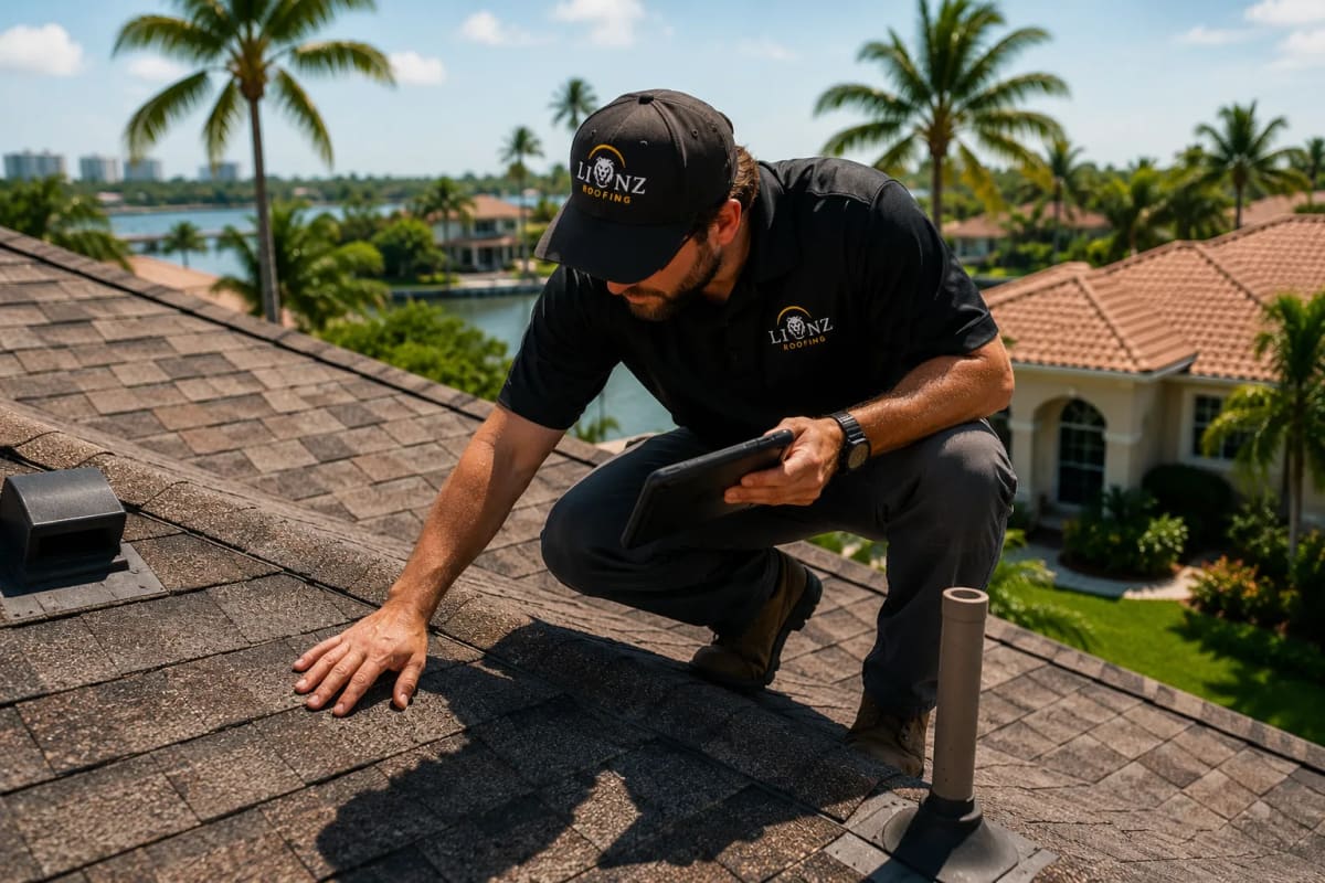 Ari Dalfin, Co-owner and Lead Roofing Contractor at Lionz Roofing, inspecting shingle roof