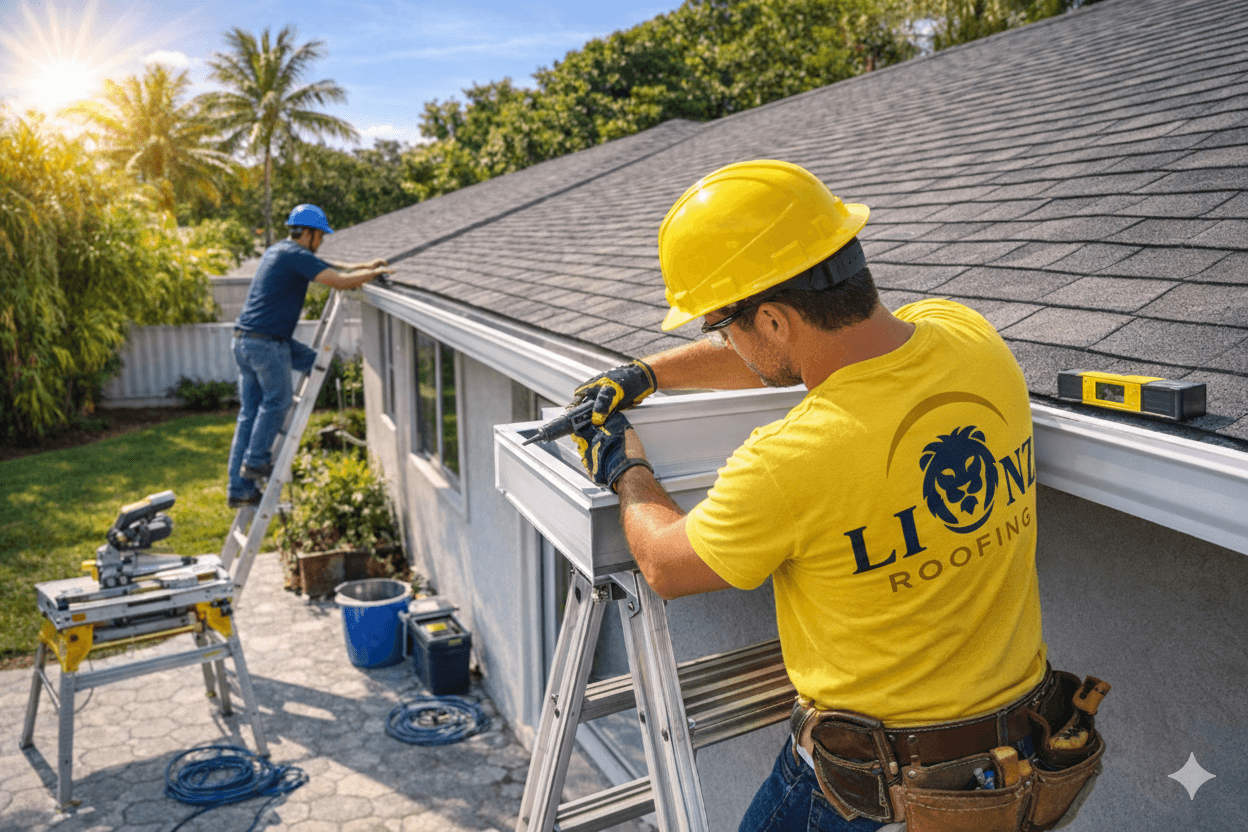 Lionz Roofing crew installing gutter system on shingle roof, South Florida