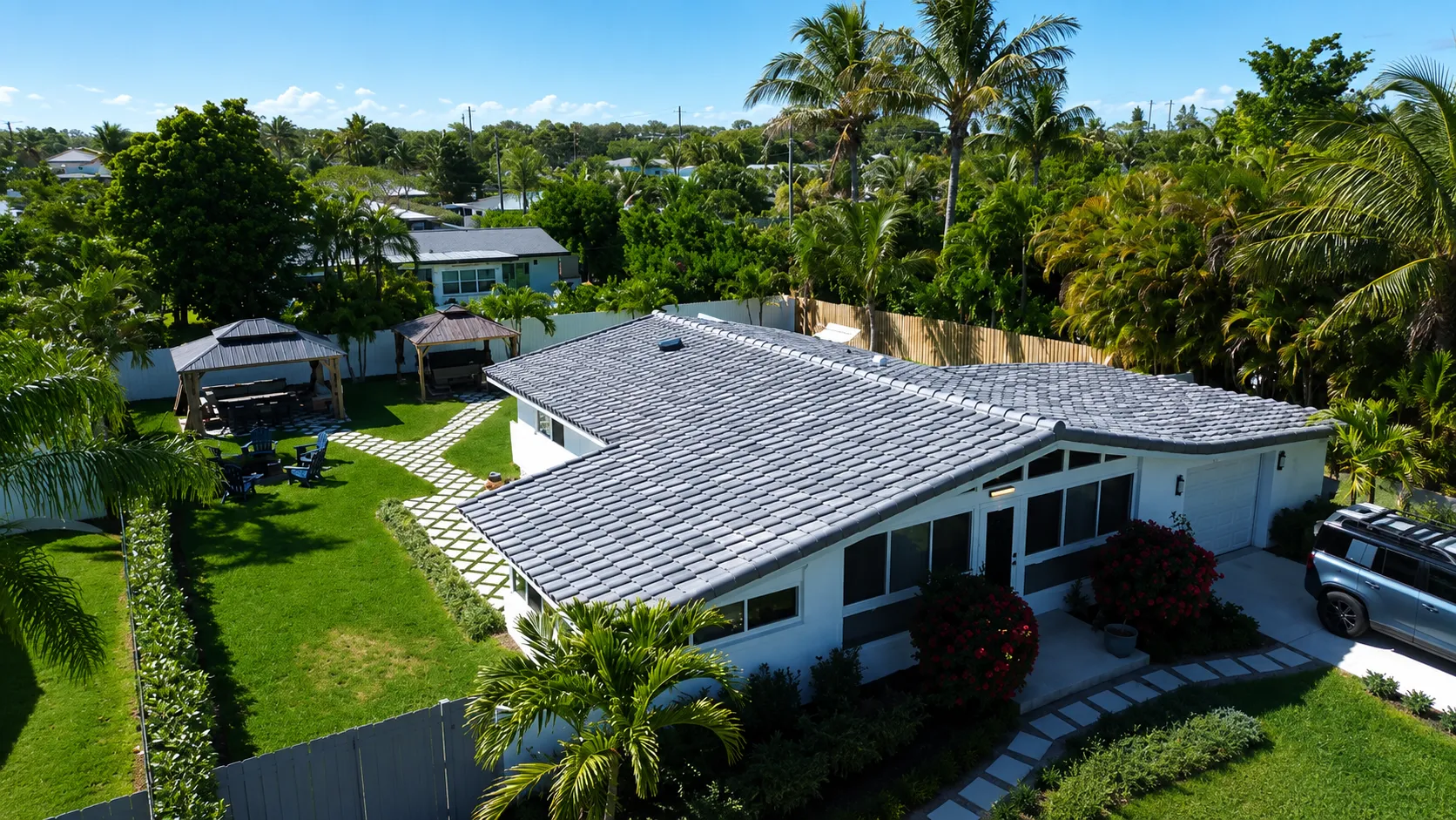 Aerial view of home roof after professional roof inspection in South Florida