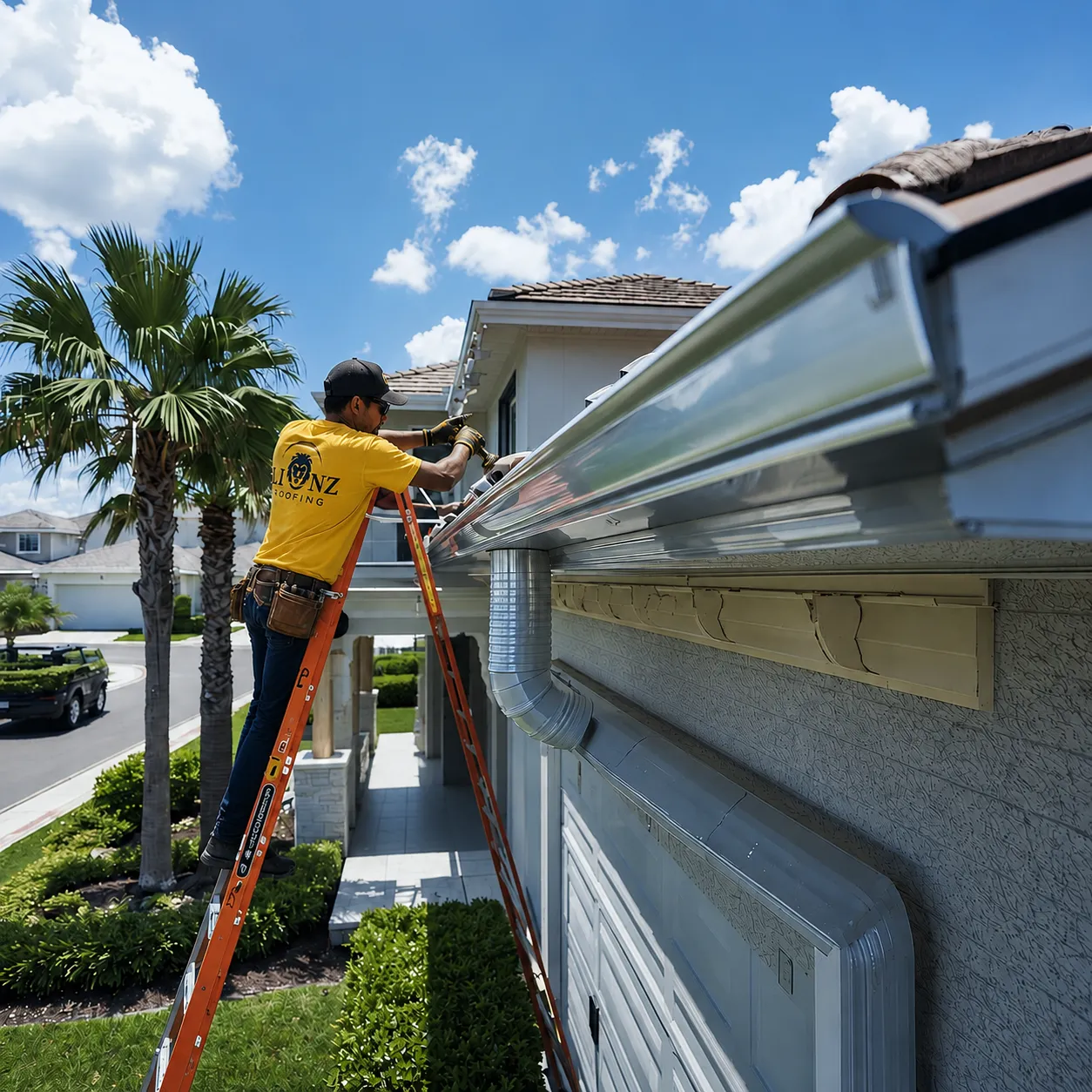 Lionz Roofing contractor installing gutter system on South Florida home