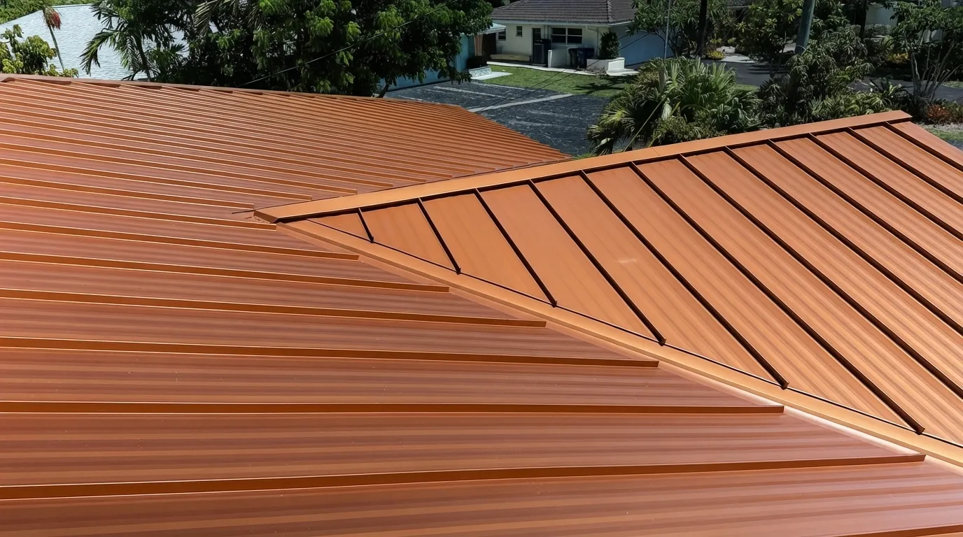 Close-up of standing seam metal roof panels installed on South Florida home