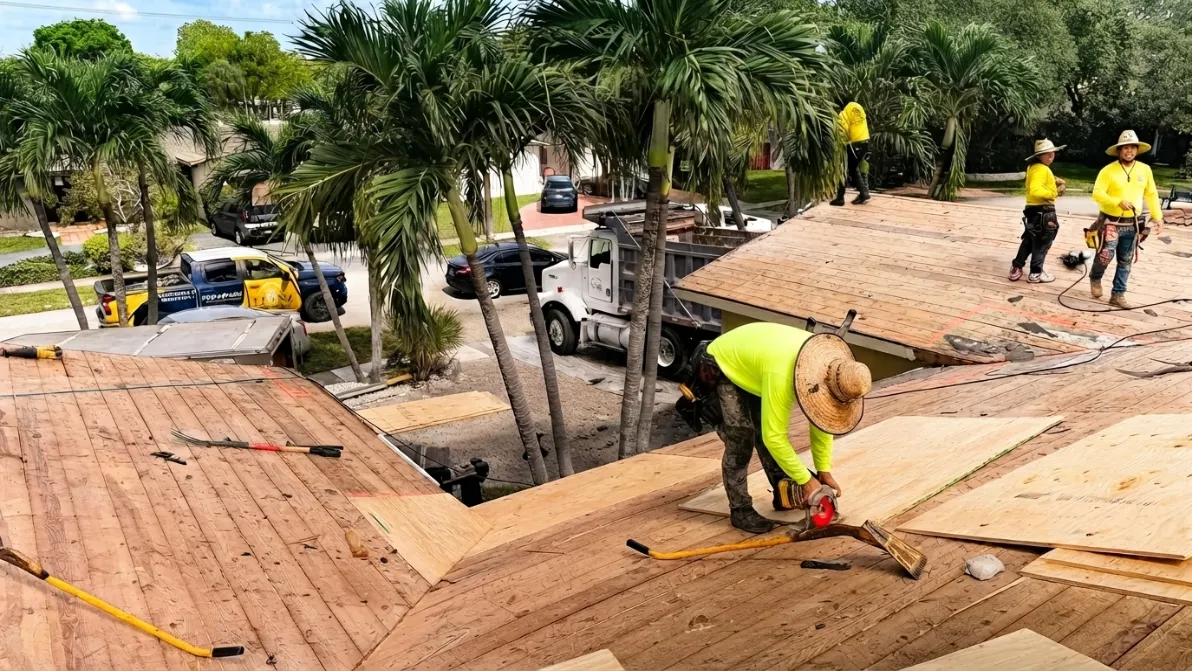 Roofing crew inspecting and repairing roof decking during roof inspection