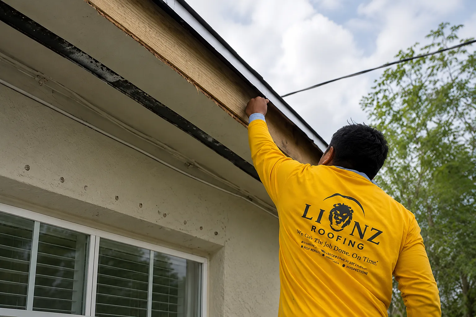 Lionz Roofing contractor installing gutter under roof eave, South Florida