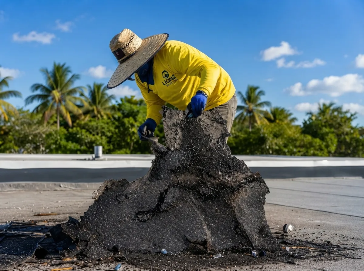 Contractor applying roofing material for HVHZ-compliant roof installation