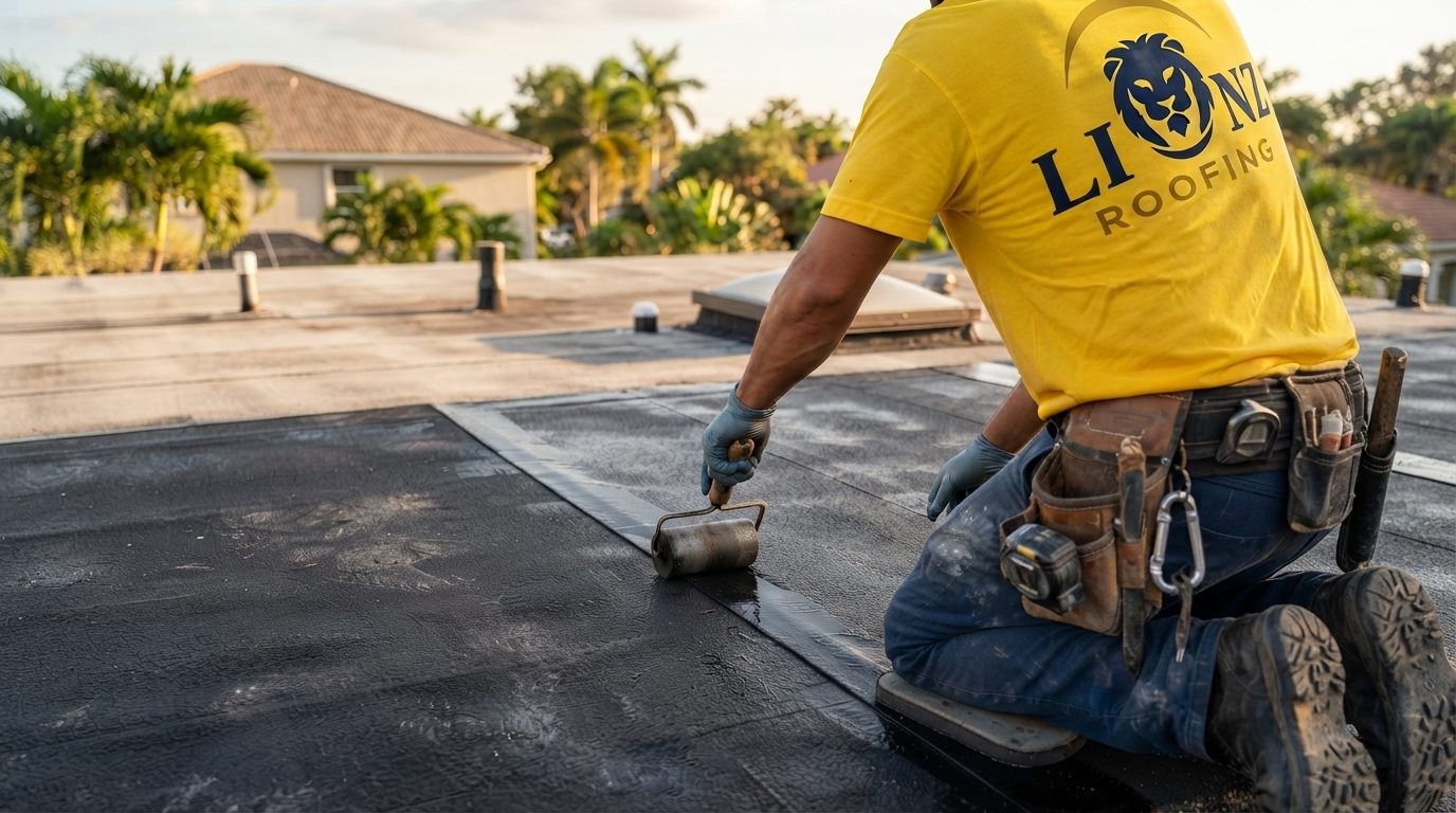 Lionz Roofing contractor installing EPDM membrane on flat roof