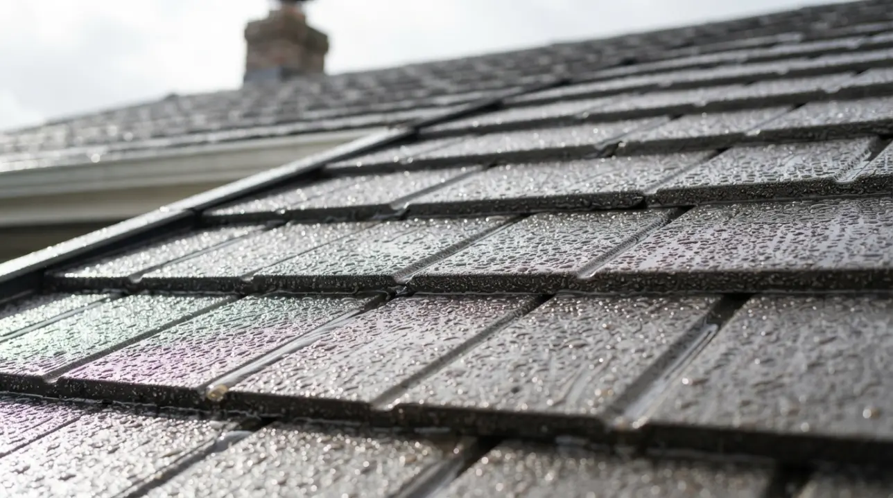 Close-up of metal shingle roofing showing texture and water resistance