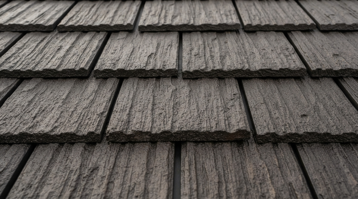 Close-up of gray metal shingle roofing panels