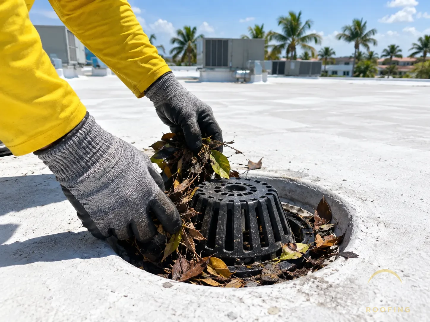 Clearing a roof drain on a commercial flat roof during roof maintenance