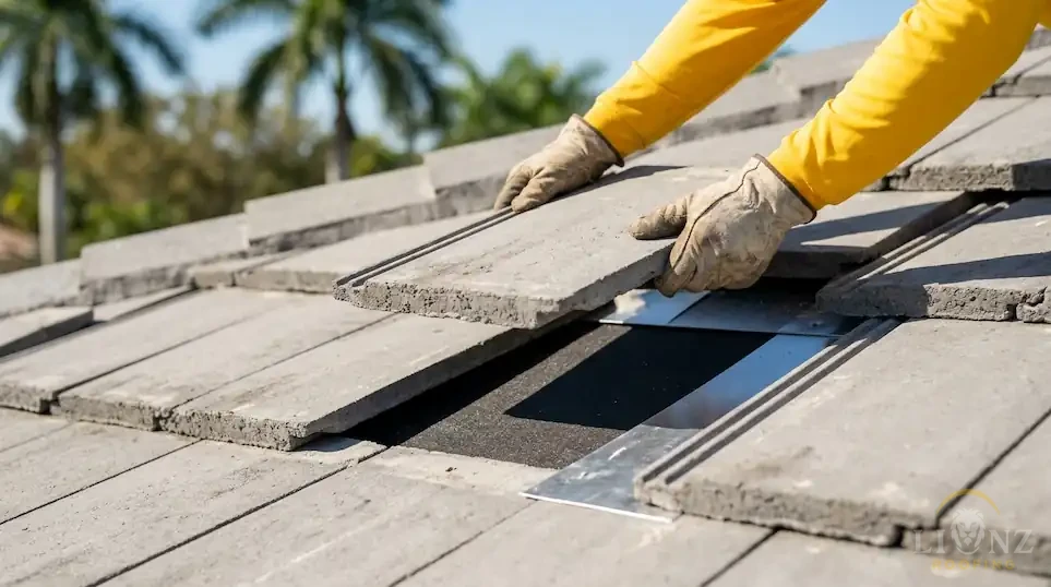 Roofer lifting a concrete roof tile to check the underlayment and flashing for the source of a leak