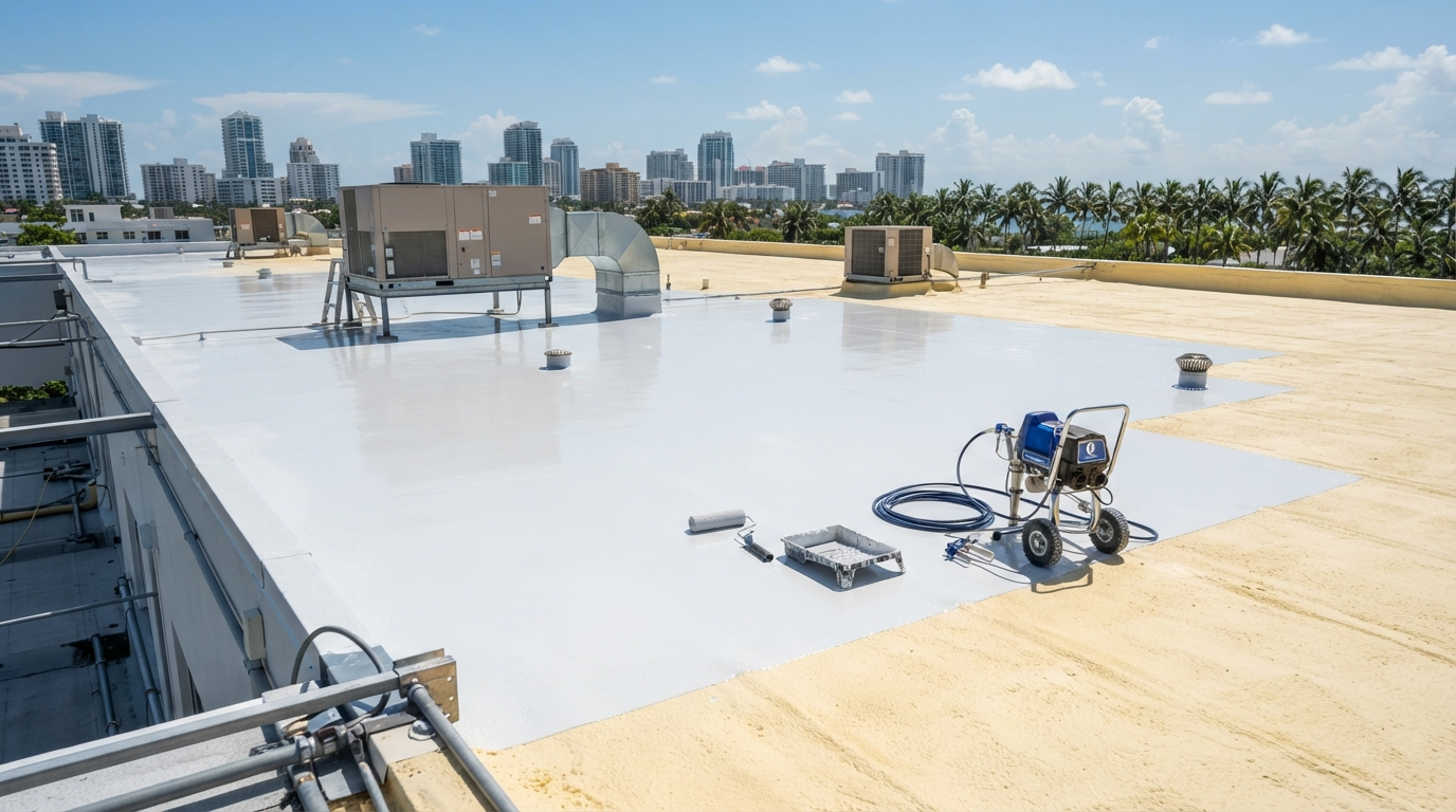 Flat commercial roof with reflective roof coating application in progress
