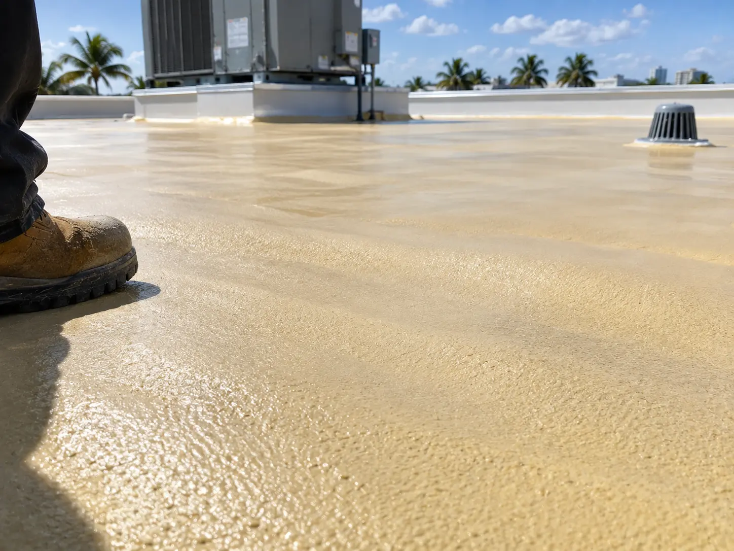 Close-up of reflective roof coating applied to flat roof surface