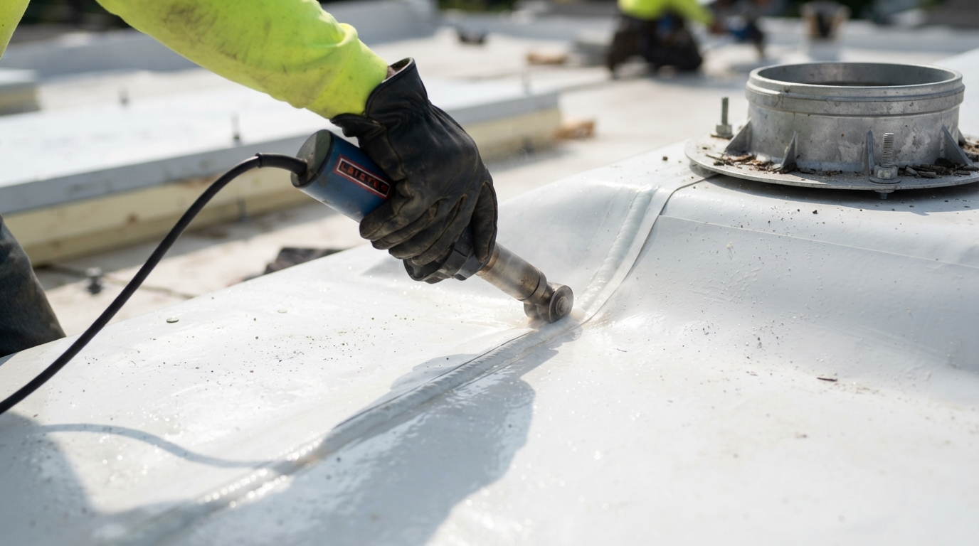 Contractor heat-welding TPO membrane seams during roof installation