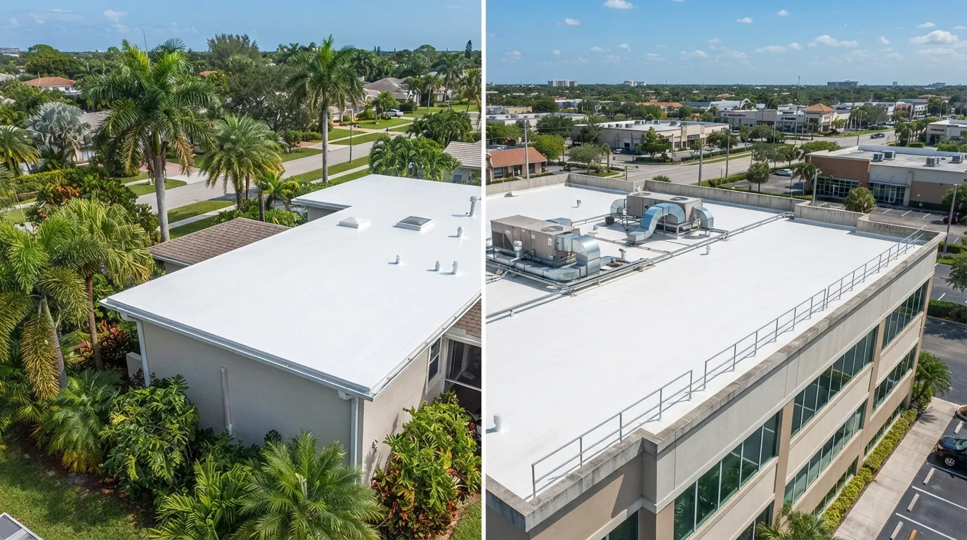 Side-by-side comparison of residential and commercial TPO roofing installations