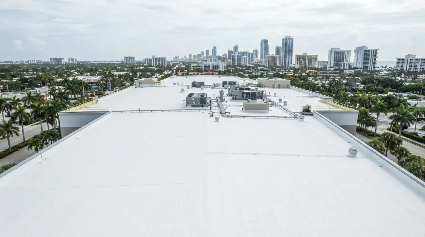 White TPO membrane roof on commercial property near South Florida coastline