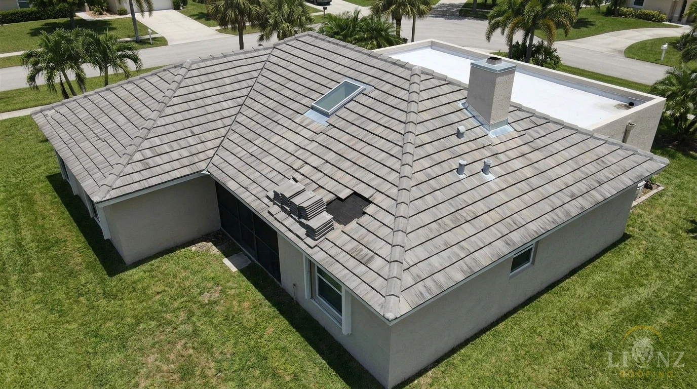 Aerial view of a South Florida concrete tile roof showing common leak points: tile underlayment, pipe boots, a valley, a skylight, chimney flashing, and a flat roof drain