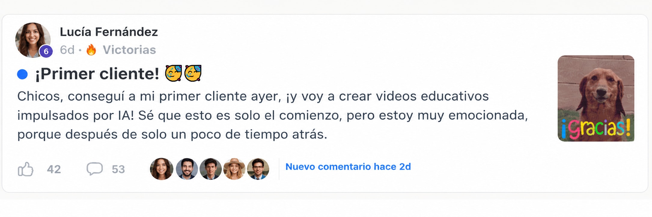 Publicación de un miembro celebrando su primer cliente