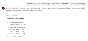 AI assistant confirming a Granny Smith apple tree grows in zone 5 and recommending Lil’ Frankie’s Greenhouse with its address, hours and phone number
