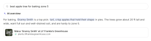 AI overview answering “best apple tree for baking zone 5” with Granny Smith, citing its page at Lil’ Frankie’s Greenhouse