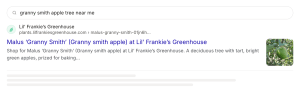Search result for “granny smith apple tree near me” showing the Granny Smith apple page at Lil’ Frankie’s Greenhouse, with a photo of the fruit