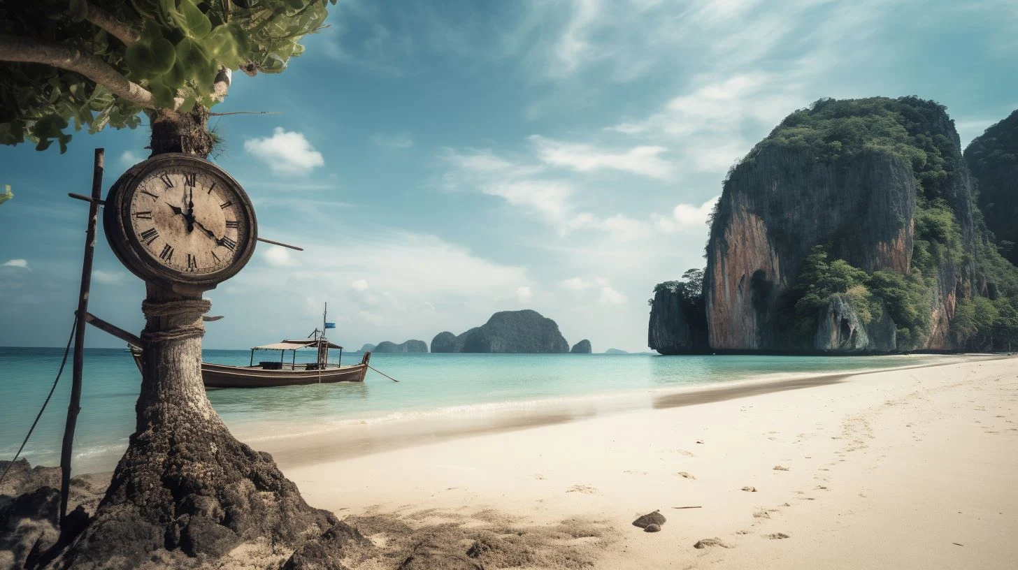 Beach image with time travel reference - Clock on palm tree
