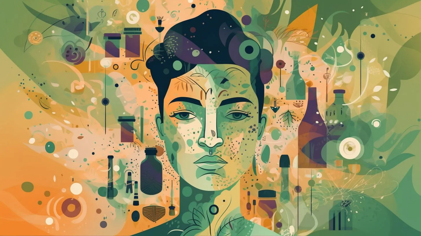 A person is surrounded by various substances in a visual representation of substance use disorder - F10.10, F10.20, F10.30, F11.10, F11.20, F11.20, F12.10, F12.20, F13.10, F13.20, F13.30, F15.10, F14.10, F15.20, F14.20