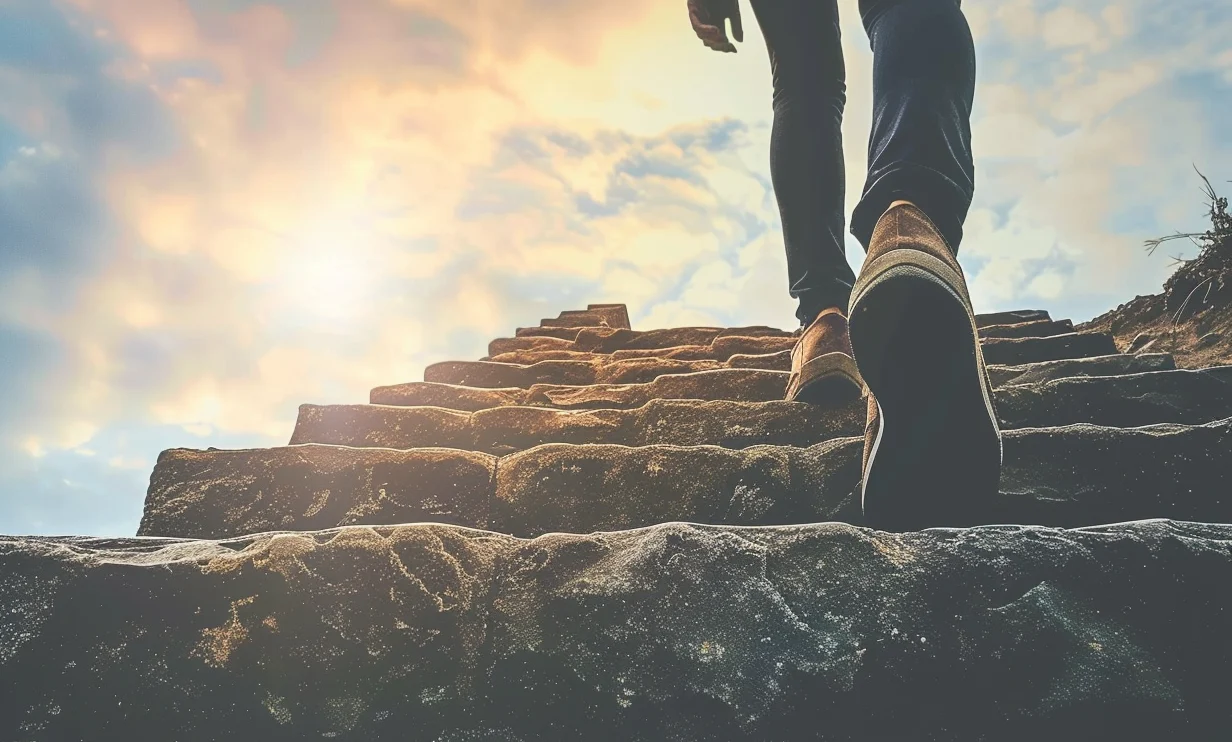 Achieving your goals. Someone climbing the stairs.
