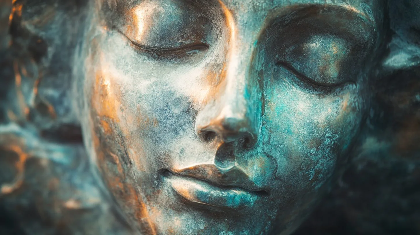 Peaceful close up of a bronze face