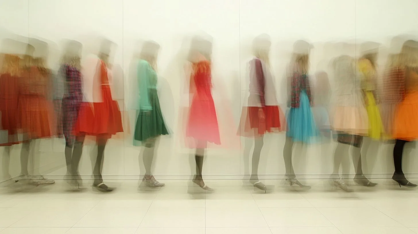 Different size women out of focus in a row