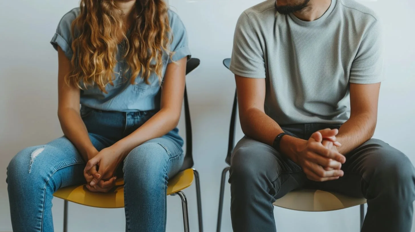 Couple discussing expectations in therapy sitting on chairs