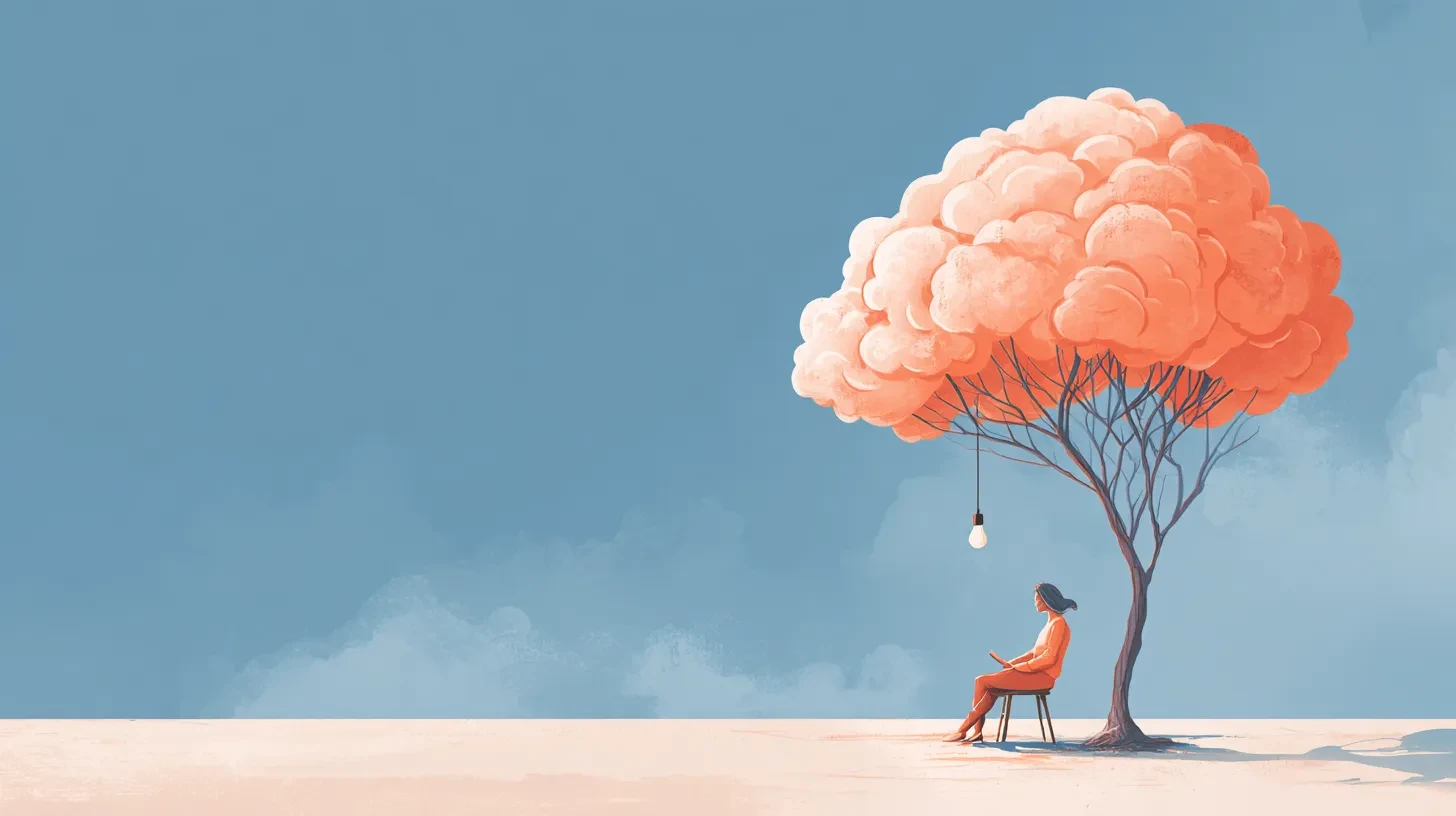graphic of balloon style tree and woman looking a light bulb under it