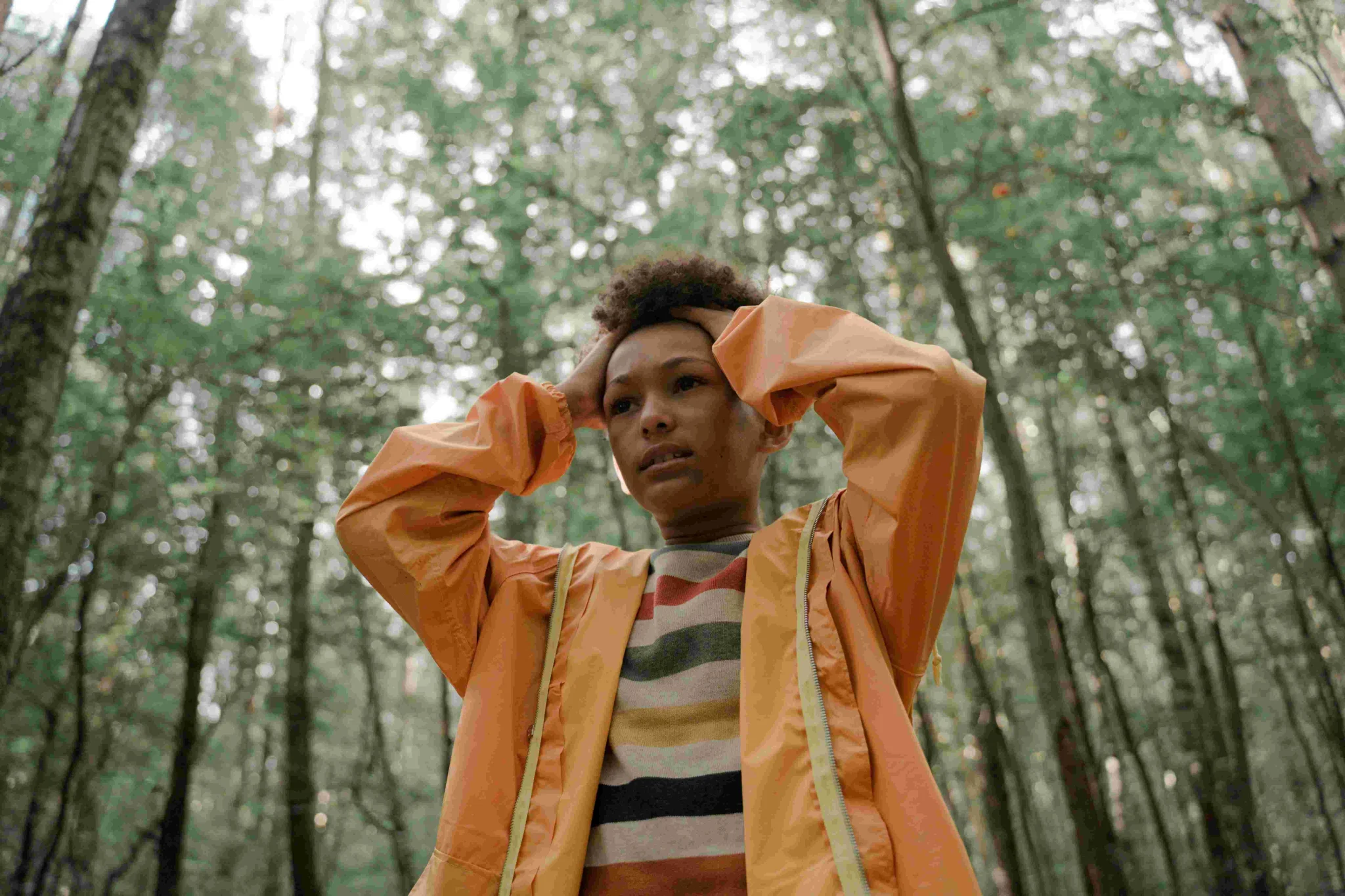 Woman panicking in a forrest