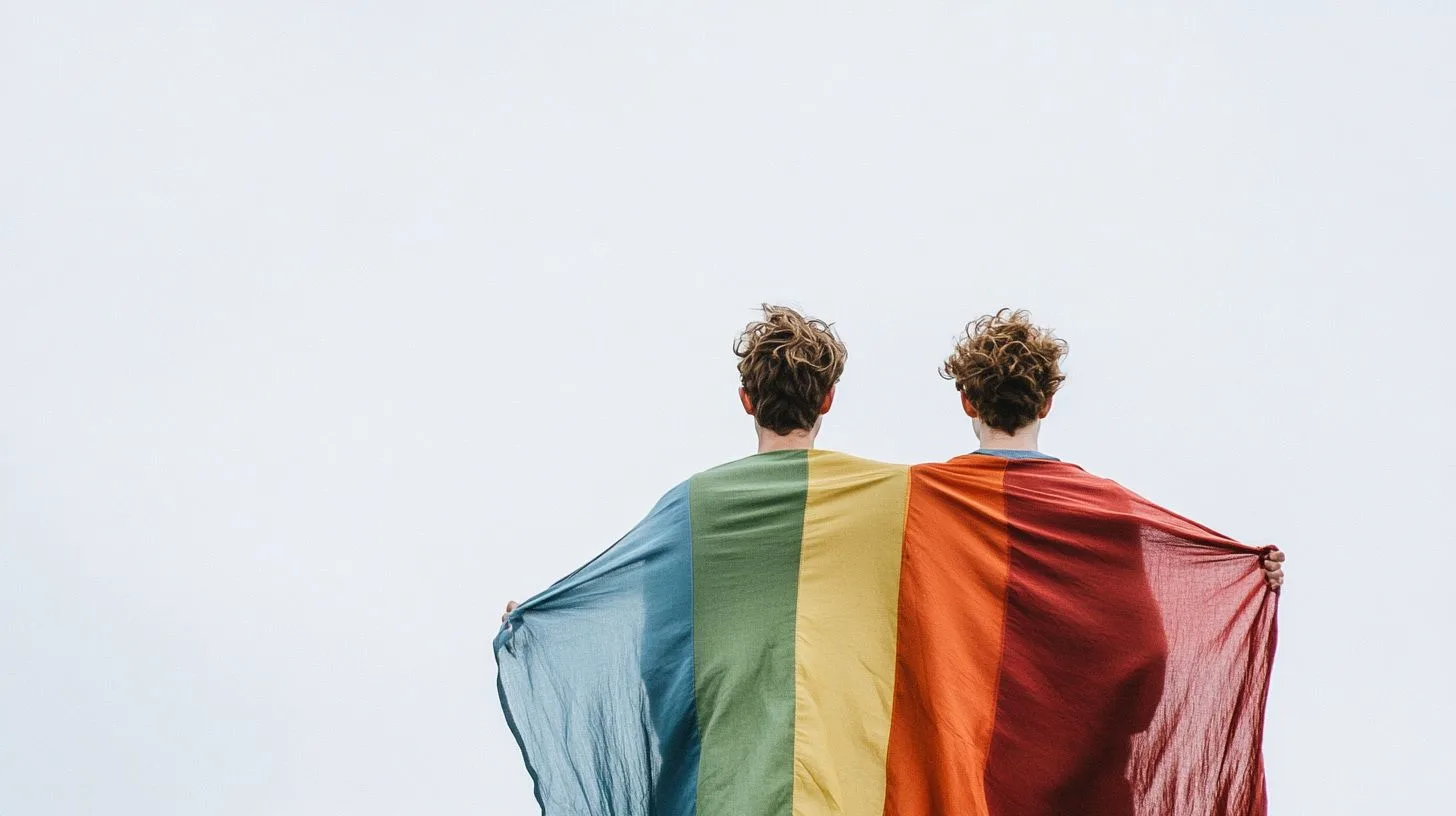 LGBTQI+ two men cloaked by pride flag