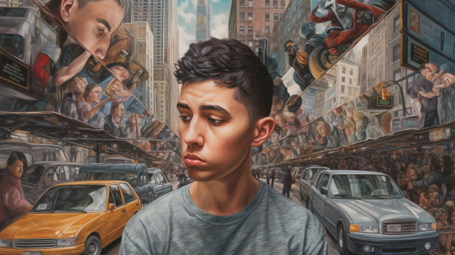 A visual representation of ADHD shows a man in the center with a background full of distractions - F90.2, F90.0, F90.1, F90.8, F90.9